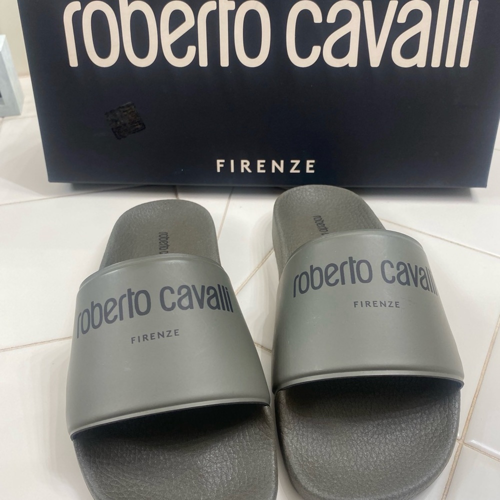 Roberto Cavalli Charcoal Slide Sandals for Men